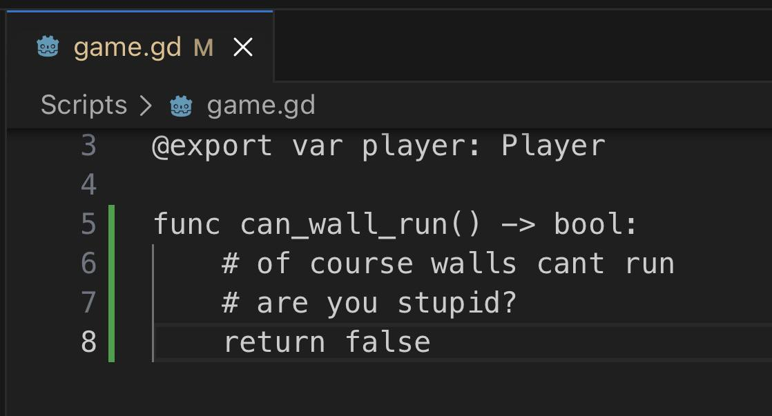 A picture of Visual Studio Code showing a function named 'can wall run' returning false, with a comment joking that walls can't run