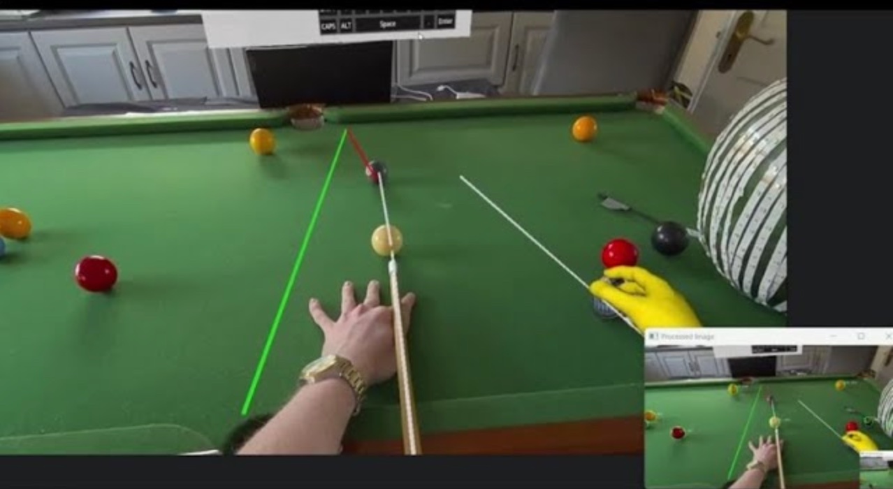 A demonstration of how lines are drawn on top of the pool table predicting the trajectory of the balls
